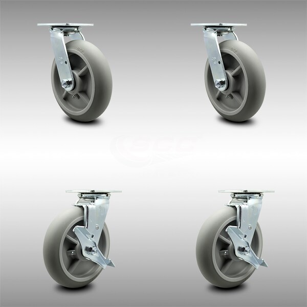 8 Inch SS Thermoplastic Rubber Swivel Caster Set with Ball Bearing 2 Brakes SCC